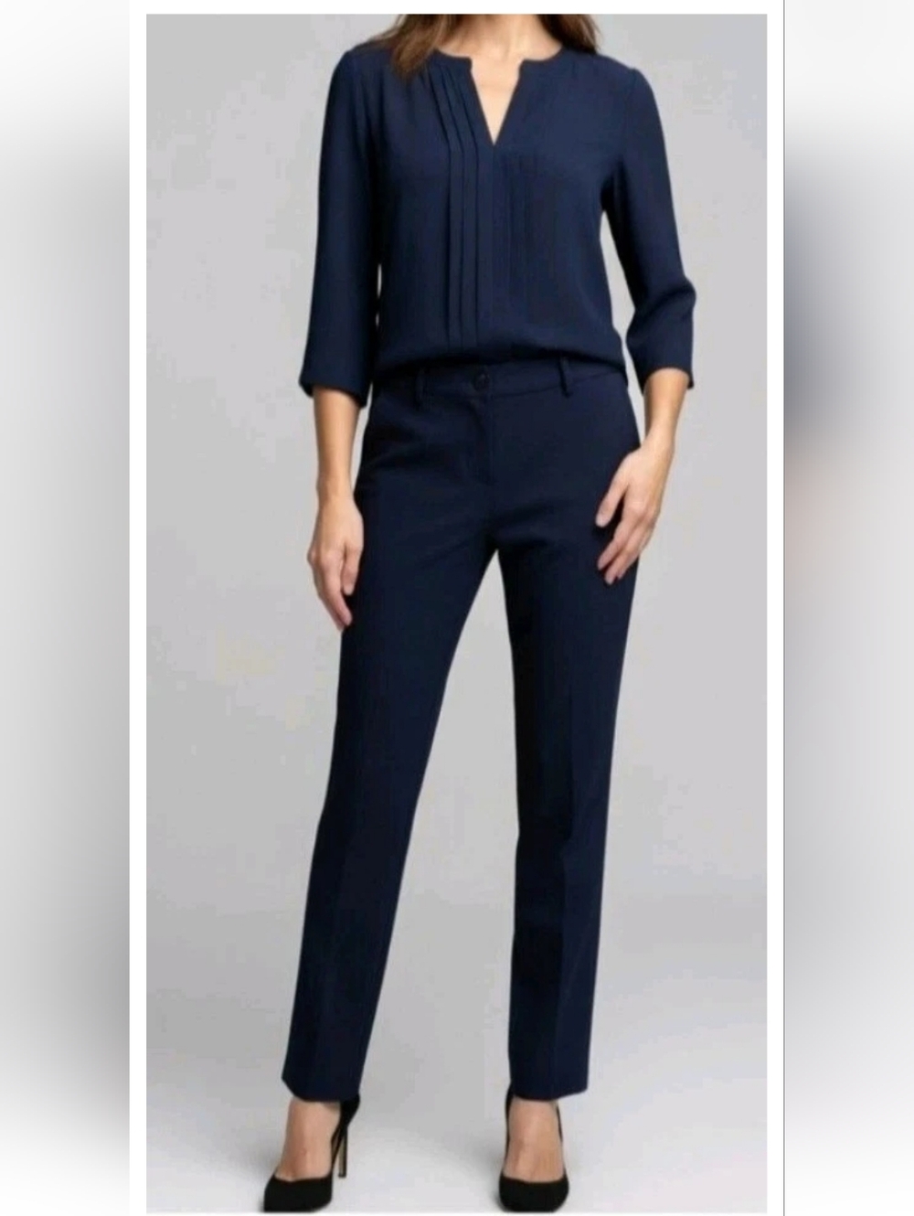 Vintage Navy Blue Estee Lauder Pants Suit Dress Shirt Tapered Leg Business Sz 4